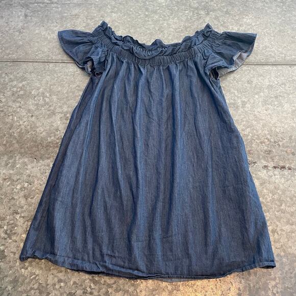 Corey Lynn Calter Anthropologie Denim Chambray Off Shoulder Ruffle Dress XS Blue - Picture 3 of 10